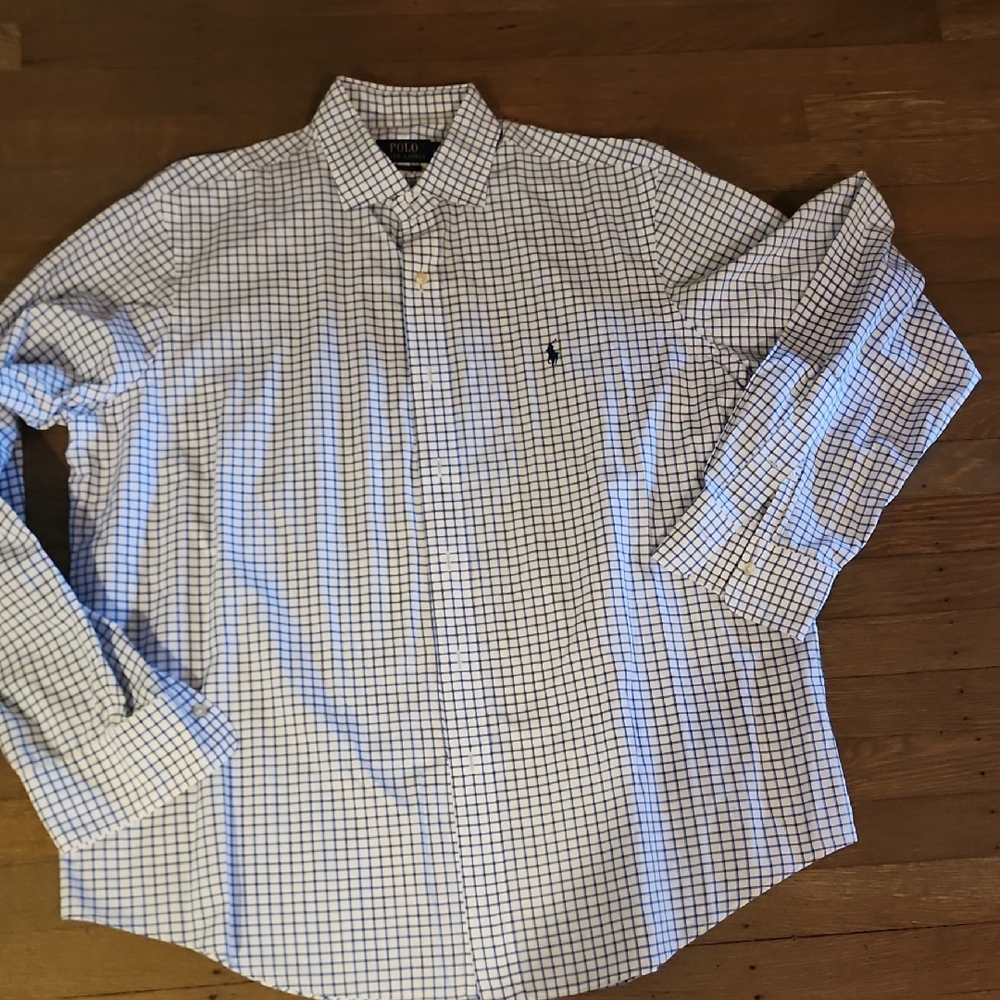 Polo Ralph Lauren Mens White & Blue Plaid Shirt- Size L -Long Sleeve Button Down